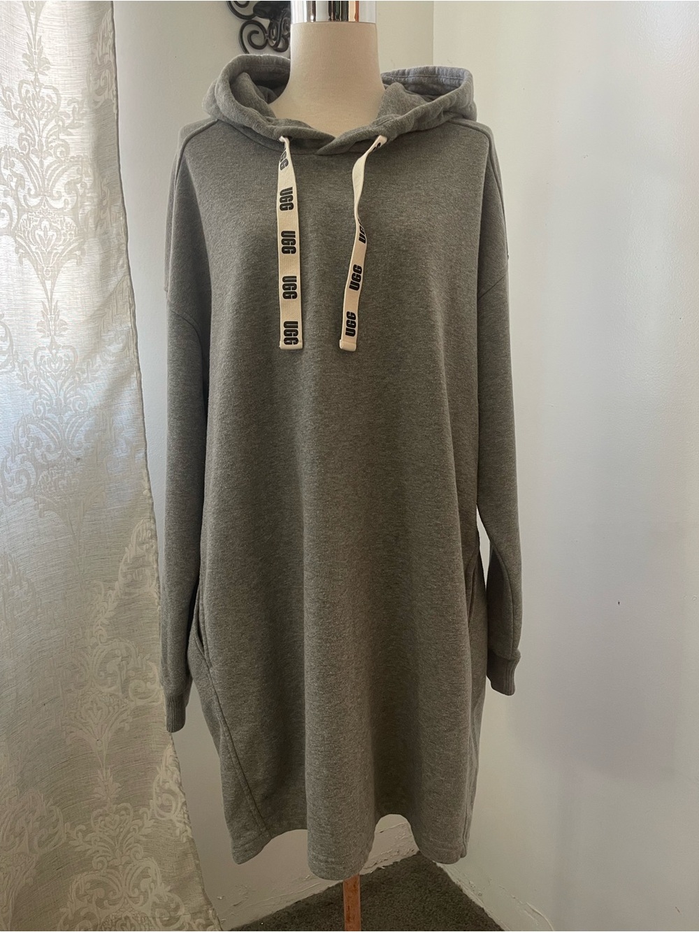 UGG Heather Gray Hooded Sweatshirt Dress with Branded Drawstrings